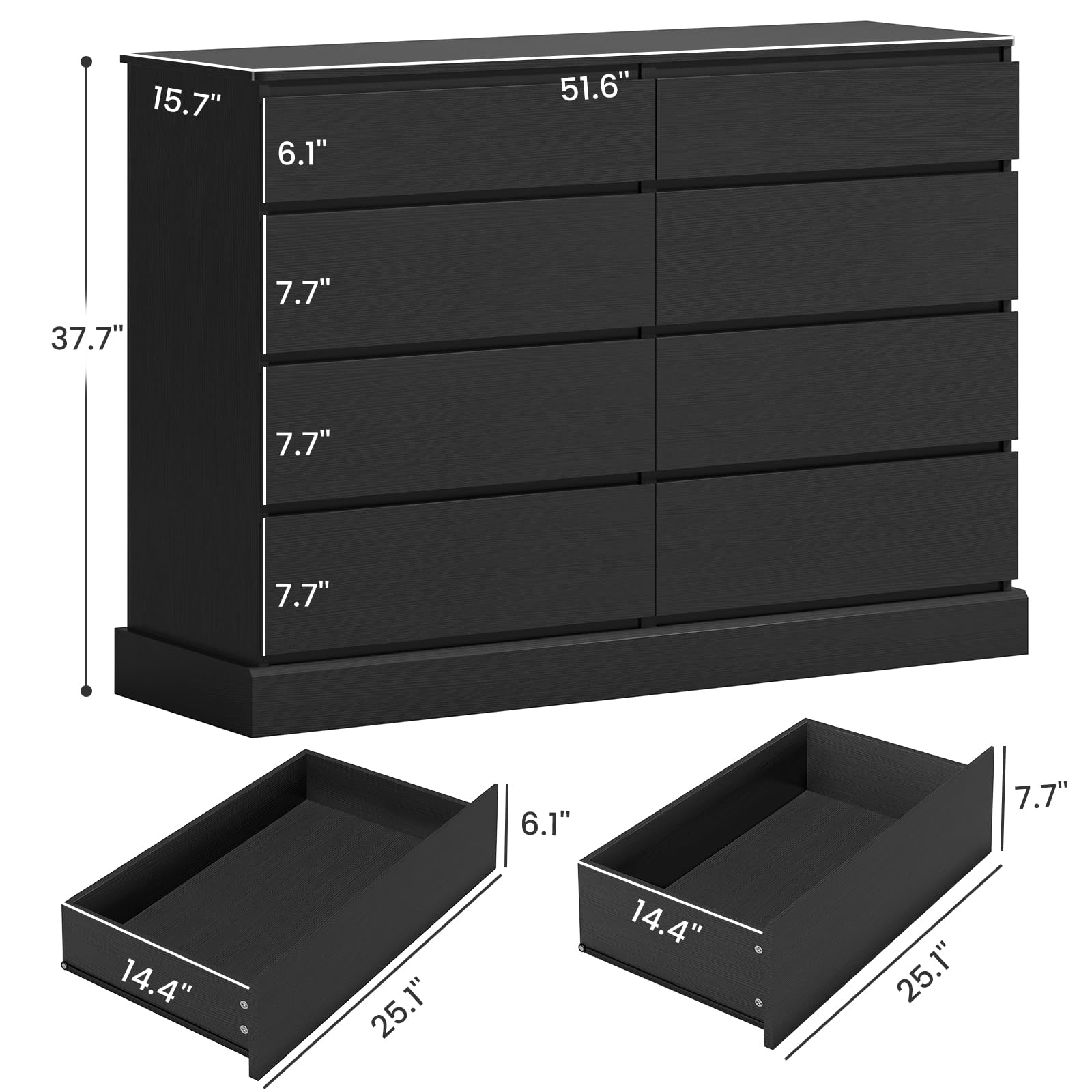 EPHEX 8 Drawers Bedroom Dresser, Modern Large Double Dressers for Bedroom, Black Storage Organizer Chest of Drawers for Living Room, Entryway, Dimensions 51.6''L x 15.7''D x 37.7''H