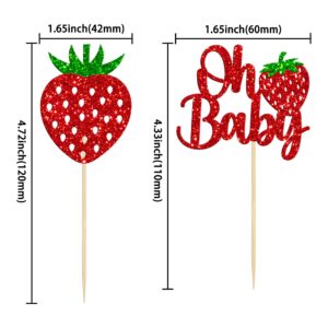 24 Pack Sweet Oh Baby Cupcake Toppers Glitter Oh Baby Strawberry Cupcake Picks Fruit Berry Cupcake Decorations for Summer Strawberry Baby Shower Kids Birthday Party Supplies Red