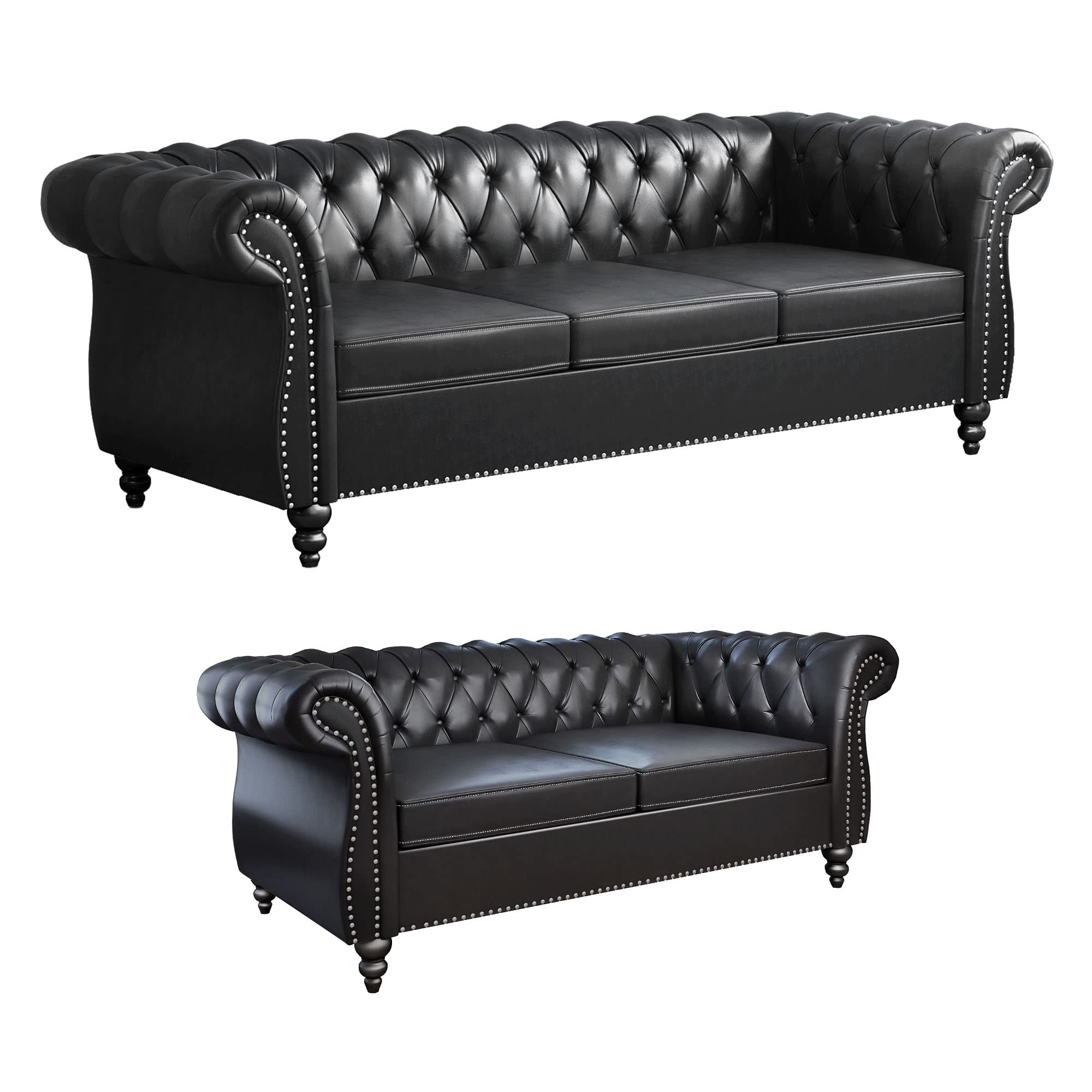 AVZEAR 2-Piece Living Room Sectional Sofa Set, Upholstered Sofa Modern Sofa Couches Set Style Button Tufted, PU Chesterfield Sofa for Living Room Apartment, 2+3 Seat PU Black