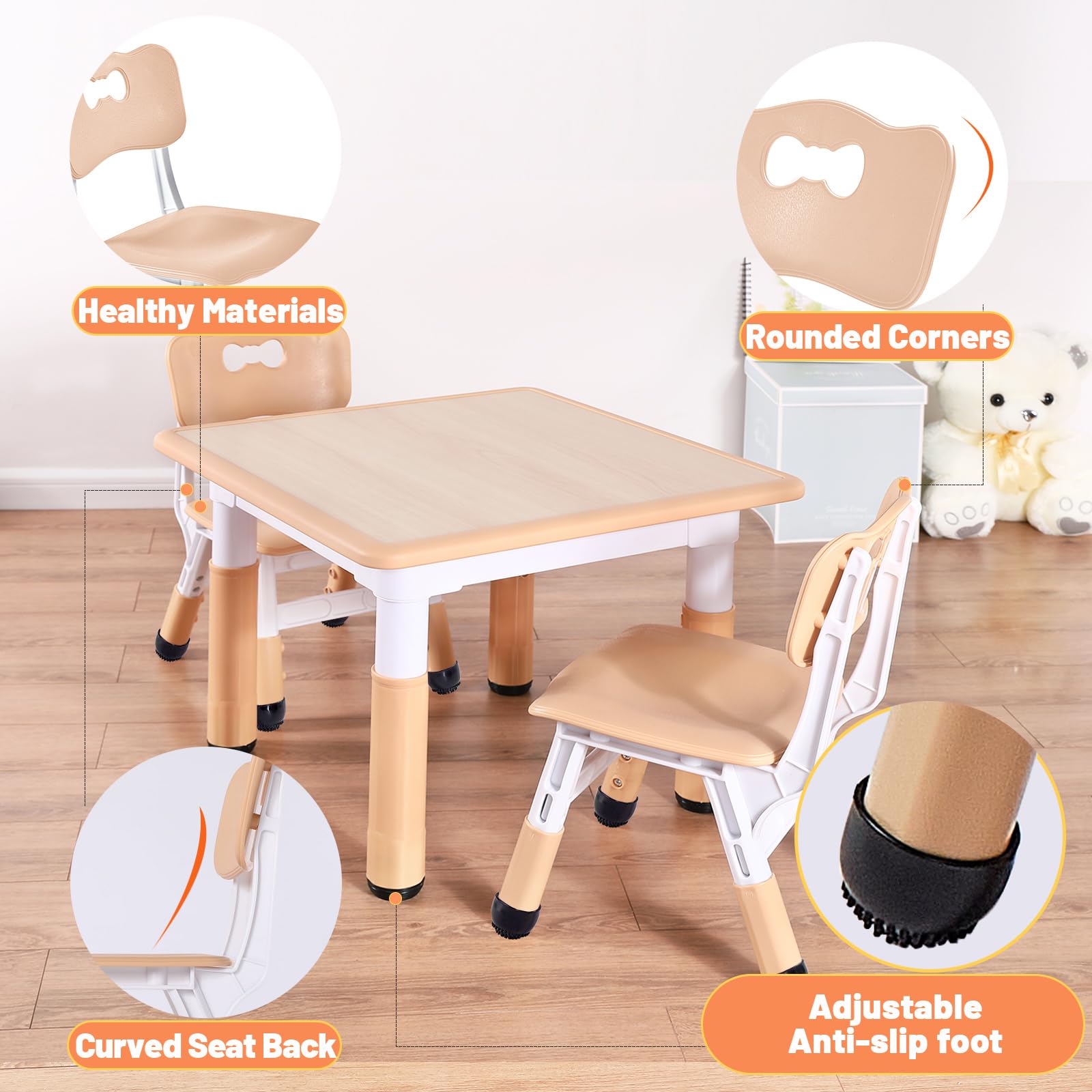 FUNLIO Kids Table and 2 Chairs Set, Height Adjustable Toddler Table and Chair Set for Ages 3-8, Easy to Wipe Arts & Crafts Table, for Classrooms/Daycares/Homes, CPC & CE Approved (3pcs Set) - Natural