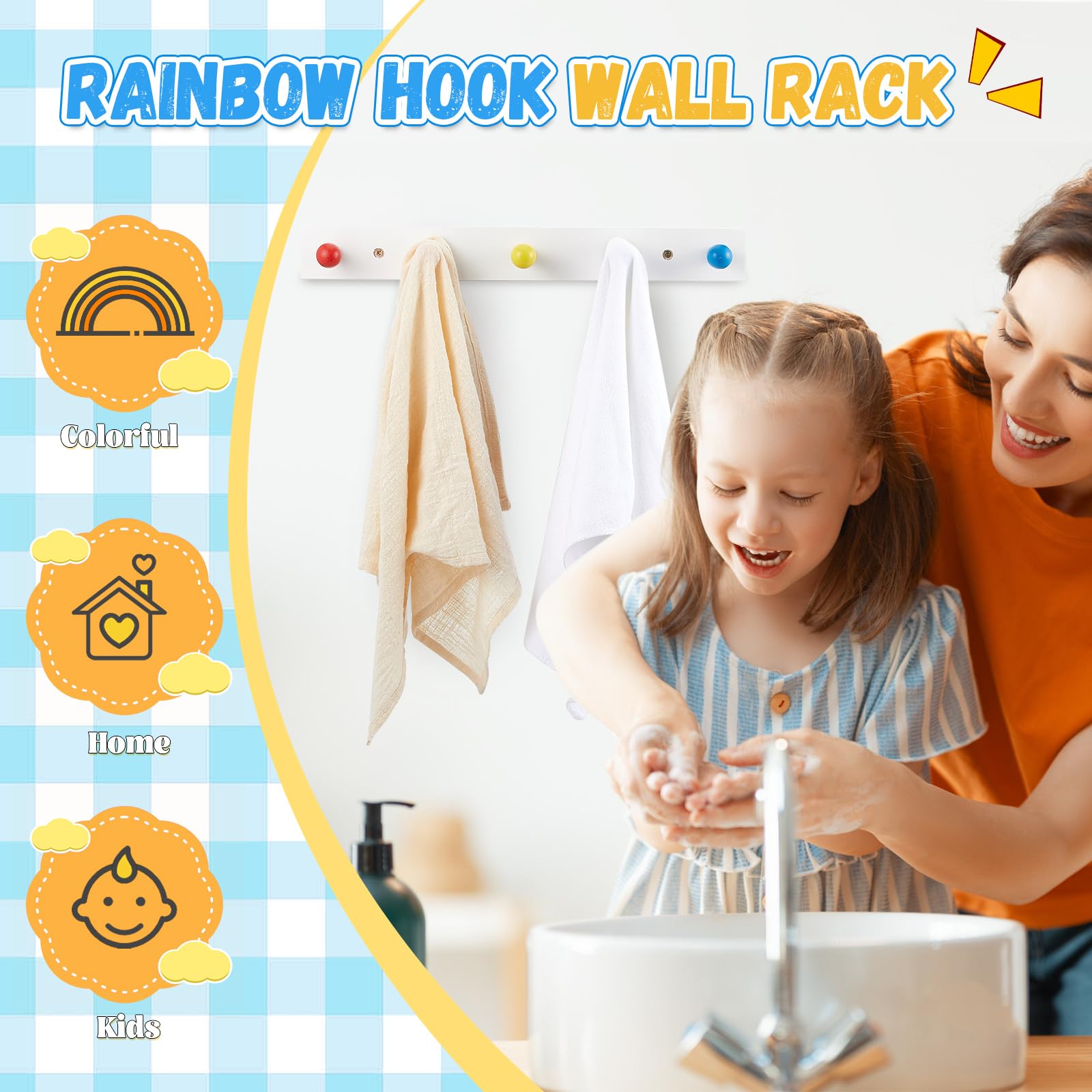 Maitys 4 Pcs Kids Coat Rack Wall Mount Rainbow Kids Wall Hooks Wooden Coat Hooks Cute Coat Rack Wall Mounted for Kid's Towels Backpacks Bedroom Bathroom Playroom Classroom, Multicolor