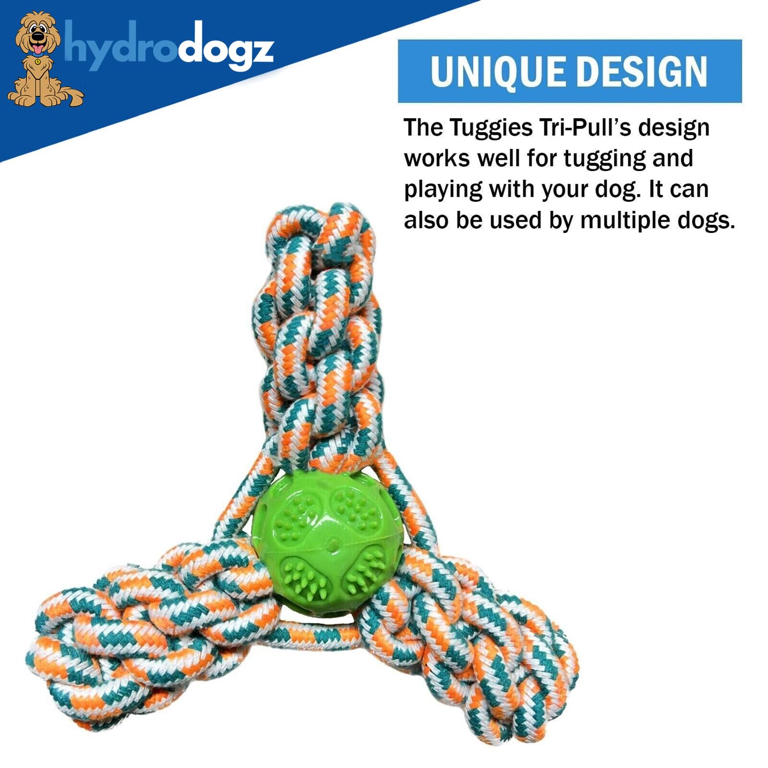 Hydrodogz [3 Pack Tri-Pull Dog Tug Rope Toys Bundle for Small Medium and Large Dogs, Natural Cotton Teething Interactive Stimulation Thick Chew Toy with Treat Dispensing Ball for Aggressive Chewers