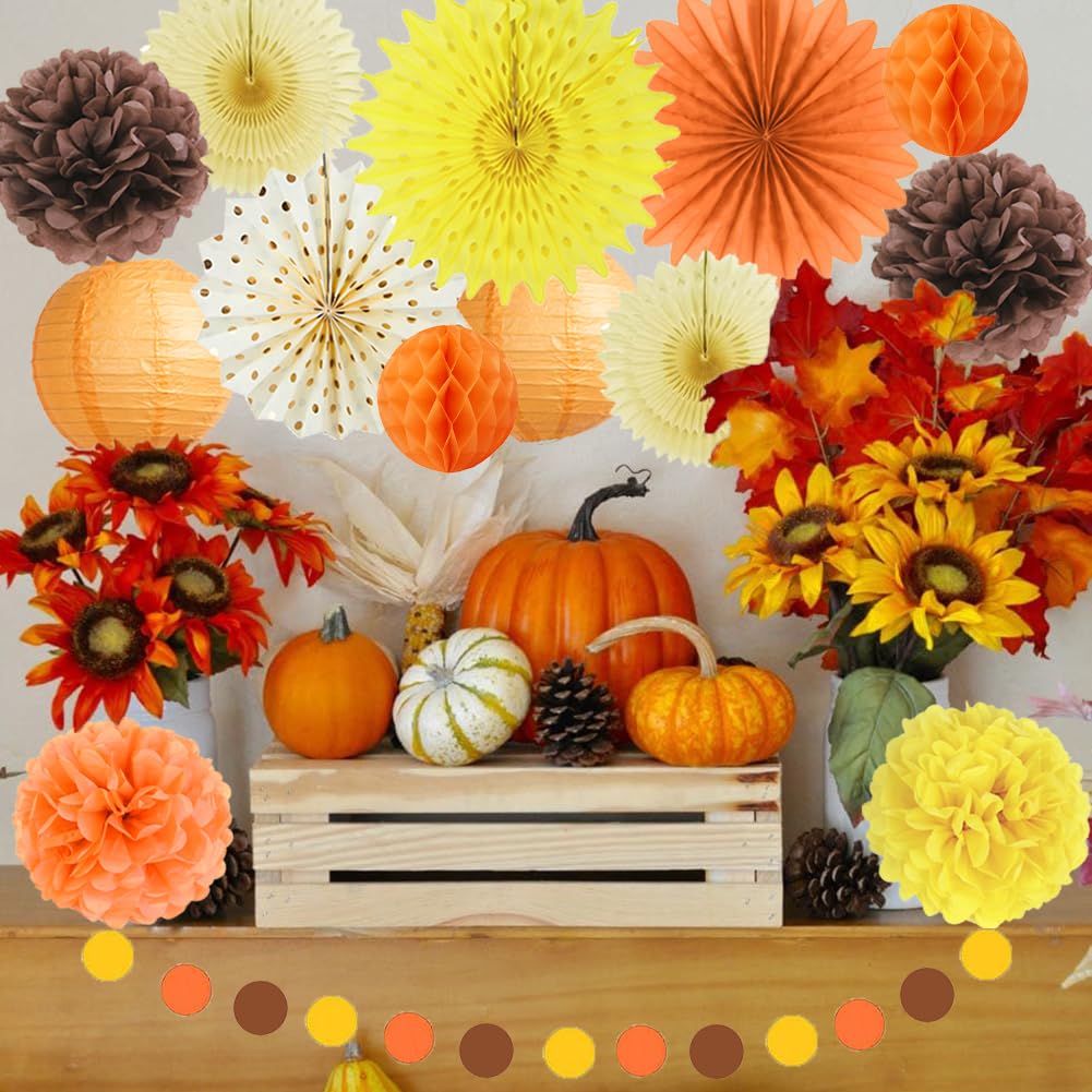 Fall Party Decorations Orange Yellow Brown Paper Fans Paper Pom Poms Paper Lanterns Circle Dot Garland for Orange Yellow Autumn Fall Birthday Bridal Shower Baby Shower Party Decor