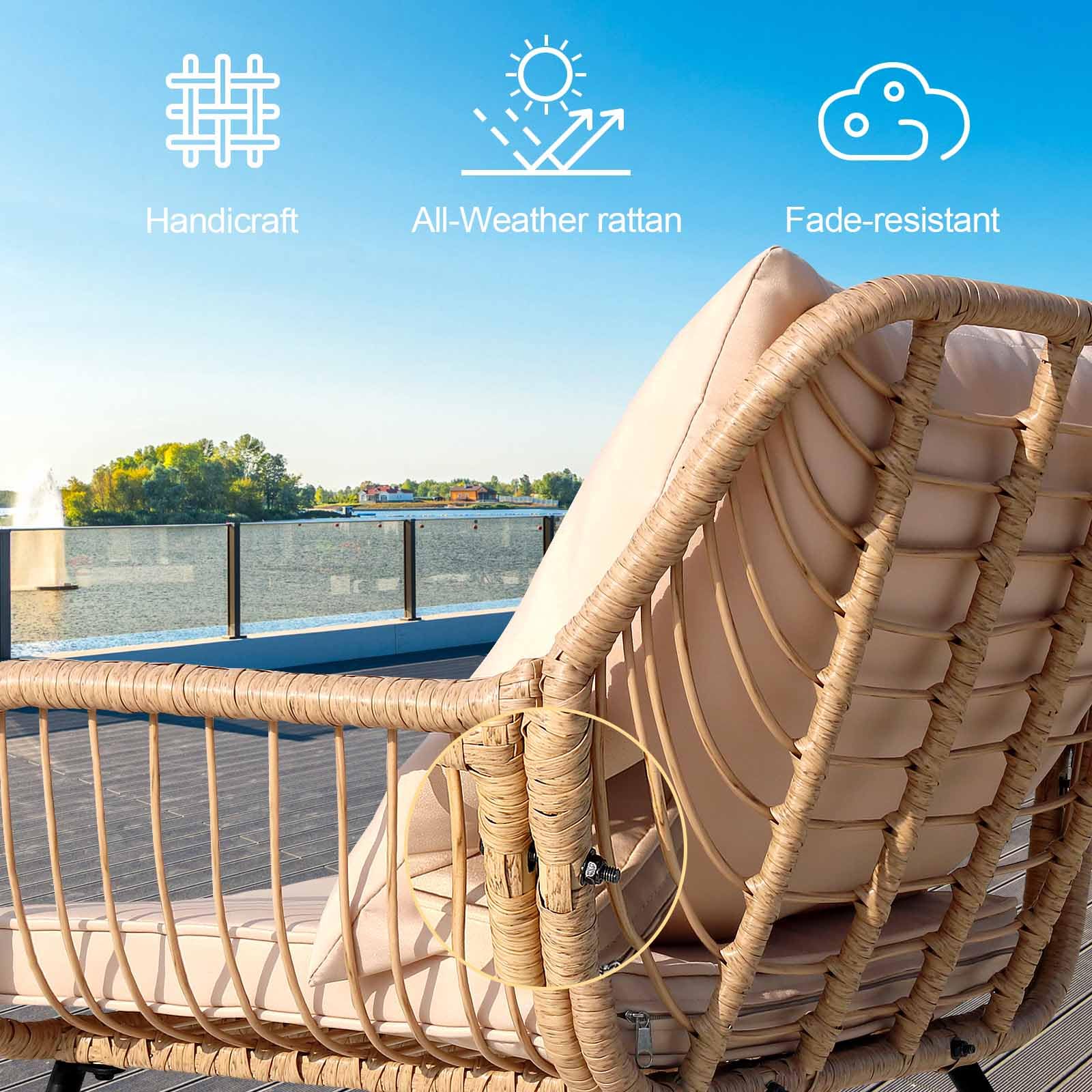 FKSLIFE Outdoor Wicker Patio Conversation Set, All-Weather Rattan Conversation Chairs for Backyard, Balcony, Deck ，Porch ，with Soft Cushions (Beige+Beige, 4-Piece Set)