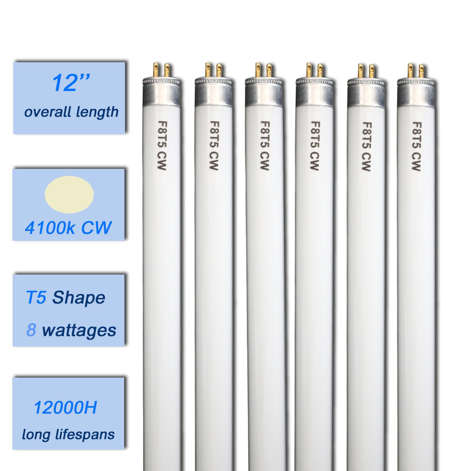 Accway (6 Pack) F8T5/CW 4100K 12’’ Linear Fluorescent Light Bulb, 8W Cool White T5 Tube, G5 Mini Bi Pins Base Replacement for Under Cabinet Light, RV, Closet