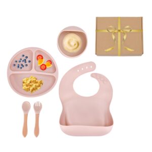 light autumn - silicone baby feeding set - toddler led weaning supplies - kids plate, bowl, spoon and fork set with wooden handle - feeding set for infants - baby utensils set 3.14x7.8x5.9" (cream)