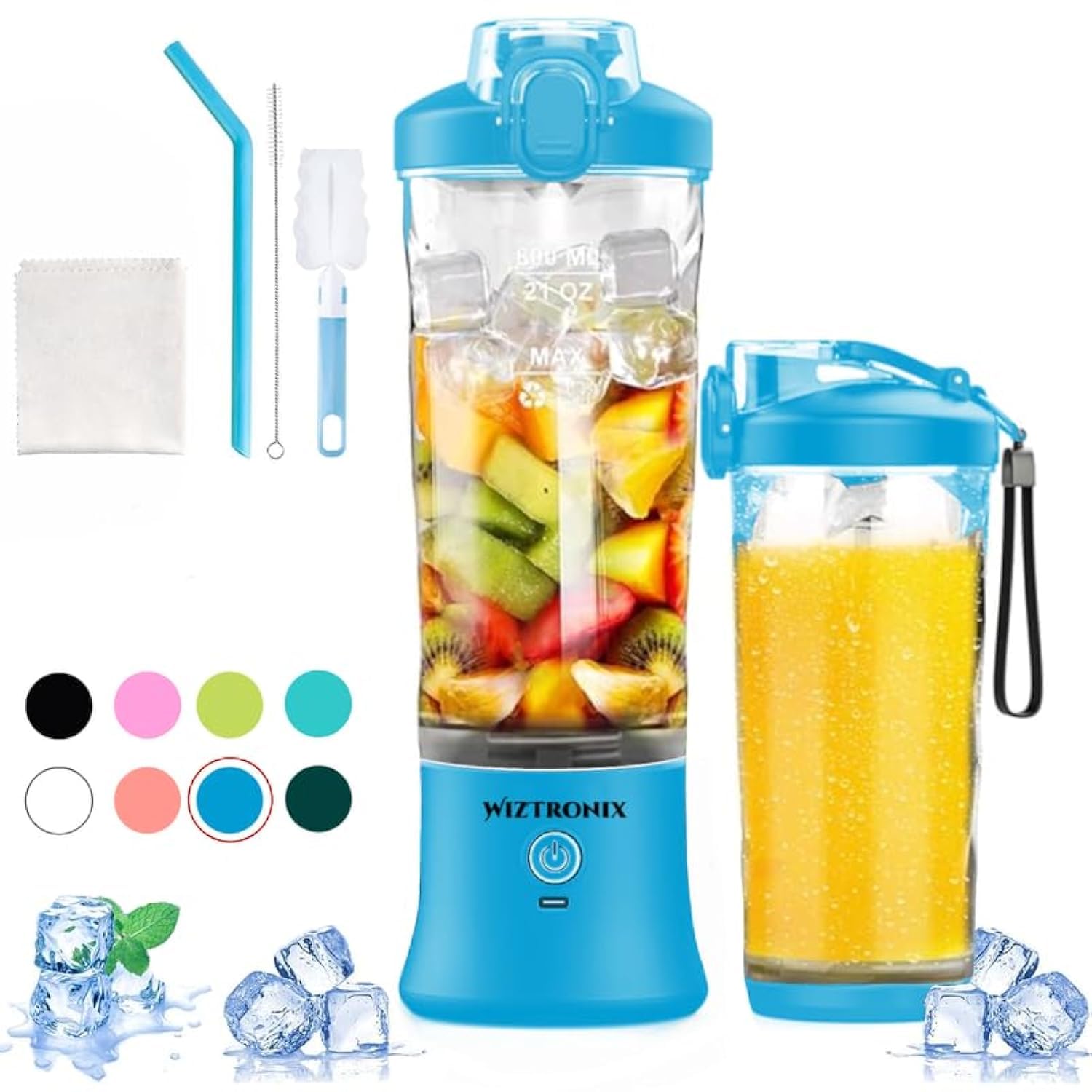 Cordless 21oz Portable Blender BPA Free With Personal Blender Cup, Best For Smoothie, Shakes, and Cocktails, With Durable Stainless Steel Blades, USB-C Rechargeable in Blue By WIZTRONIX