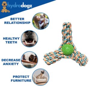 Hydrodogz [3 Pack Tri-Pull Dog Tug Rope Toys Bundle for Small Medium and Large Dogs, Natural Cotton Teething Interactive Stimulation Thick Chew Toy with Treat Dispensing Ball for Aggressive Chewers