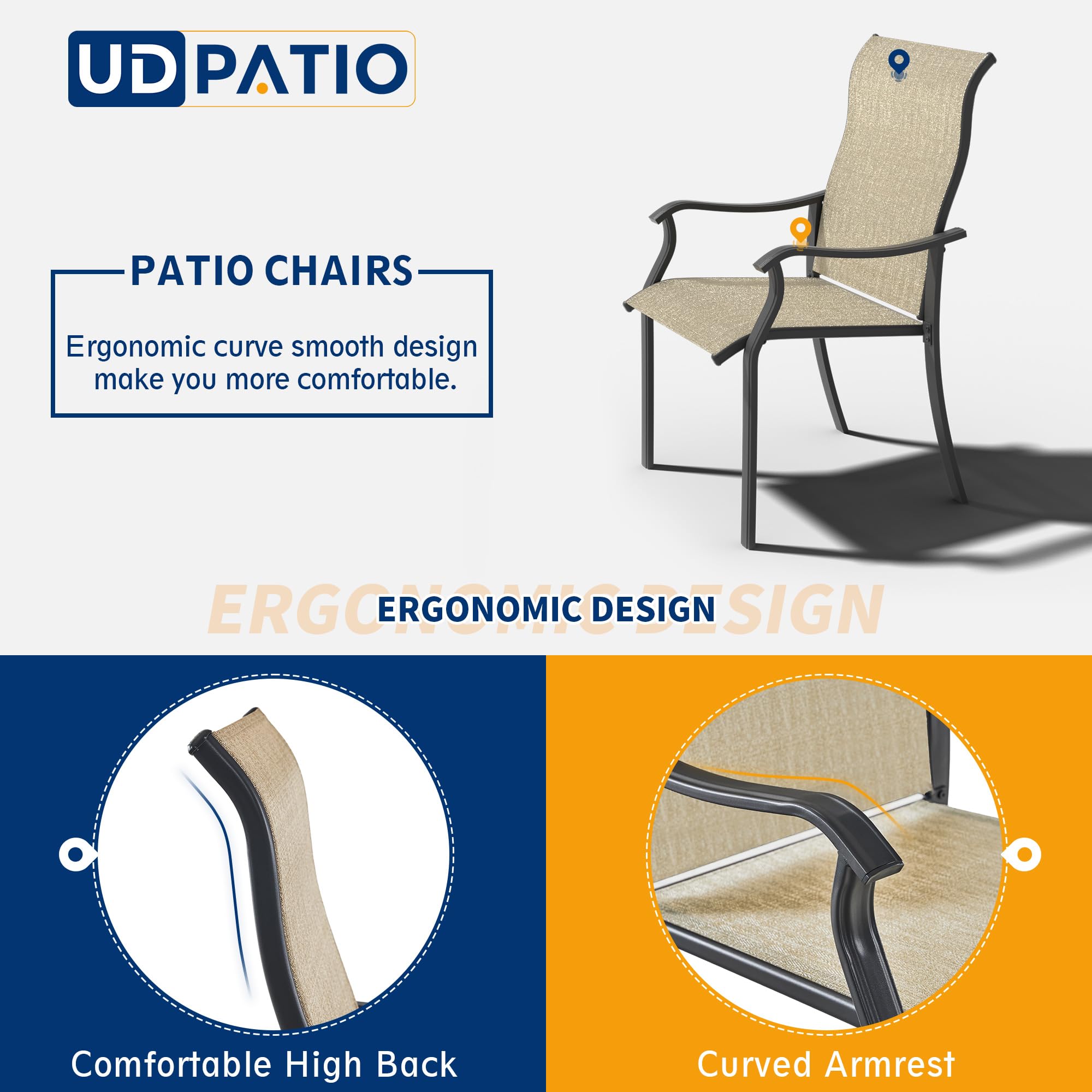 UDPATIO Patio Dining Chairs Set of 6, Outdoor Textilene Dining Chairs with High Back, Patio Furniture Chairs with Armrest, Metal Frame for Lawn Garden Backyard Deck, Brown