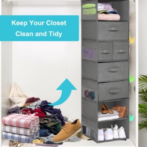 7-Shelf Hanging Closet Organizer with 5 Drawers, Hanging Closet Shelves Storage and 8 Mesh Pockets, Closet Organization and Storage for Wardrobe, Nursery, Baby, Underwear, Dorm,12.2*13.7*50''(Gray)