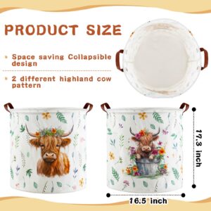 Barydat 2 Pcs Highland Cow Storage Basket, 17.3'' x 16.5'' Collapsible Waterproof Laundry Hamper, Nursery Toys Clothes Storage Basket Bin, Floral Farm Animal Holder Organizer for Bathroom