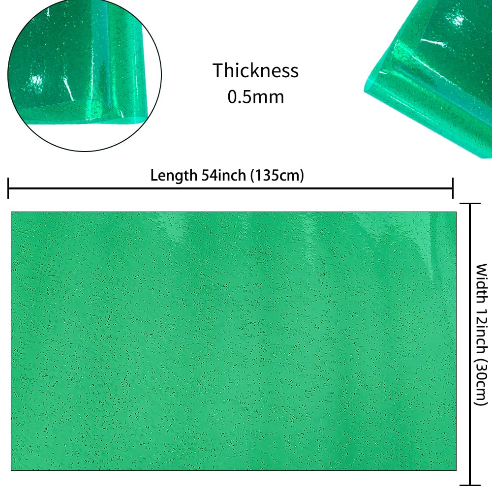 JINR Emerald Green Shiny Glitter Clear Vinyl Leather Sheets, 12" x 47" Iridescence PVC Fabric Roll for Sewing Crafts Bows Earrings Handbag Decoration