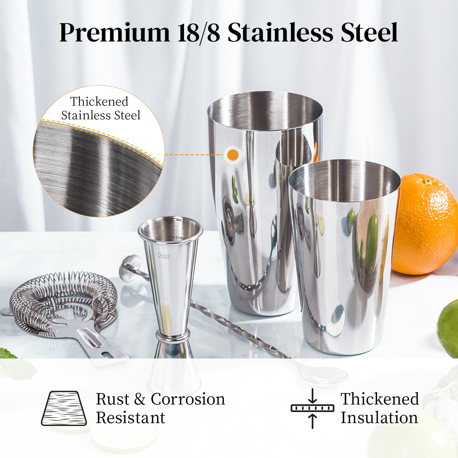 X Home Cocktail Shaker Set, Professional 4-Piece Bartender Kit with Boston Shaker, Hawthorne Strainer, Double Measuring Cocktail Jigger, and 10-inch Mixing Spoon, Bartender's Choice