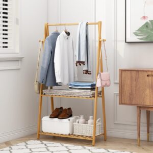 COOGOU Kids Clothing Rack for Hanging Clothes Portable Clothes Rack Wooden Drying Rack Clothing Standing Bamboo Garment Rack with Shelves Laundry Rack for Drying Clothes Indoor