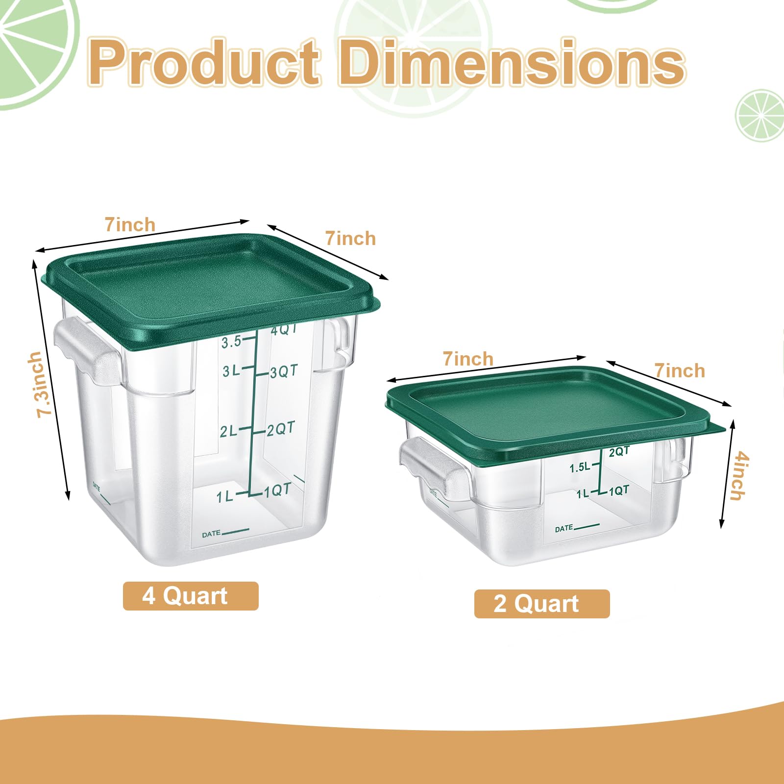 Barydat 4 Pcs Food Storage Container with Lids Set 2qt and 4qt Square Clear Commercial Containers with Scales Handles for Home Restaurant Kitchen Food Storage, Proof Dough, Marinating Meat (Green)