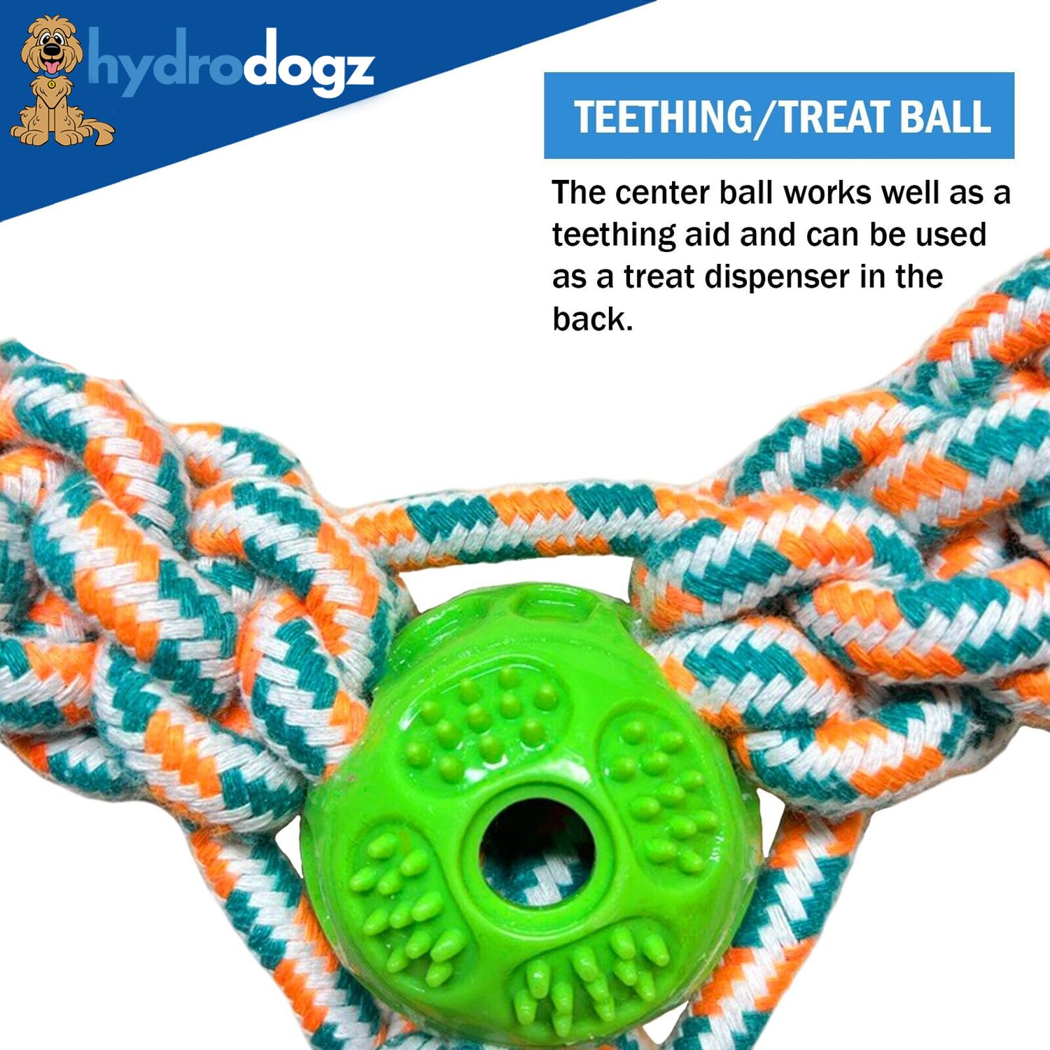 Hydrodogz [3 Pack Tri-Pull Dog Tug Rope Toys Bundle for Small Medium and Large Dogs, Natural Cotton Teething Interactive Stimulation Thick Chew Toy with Treat Dispensing Ball for Aggressive Chewers