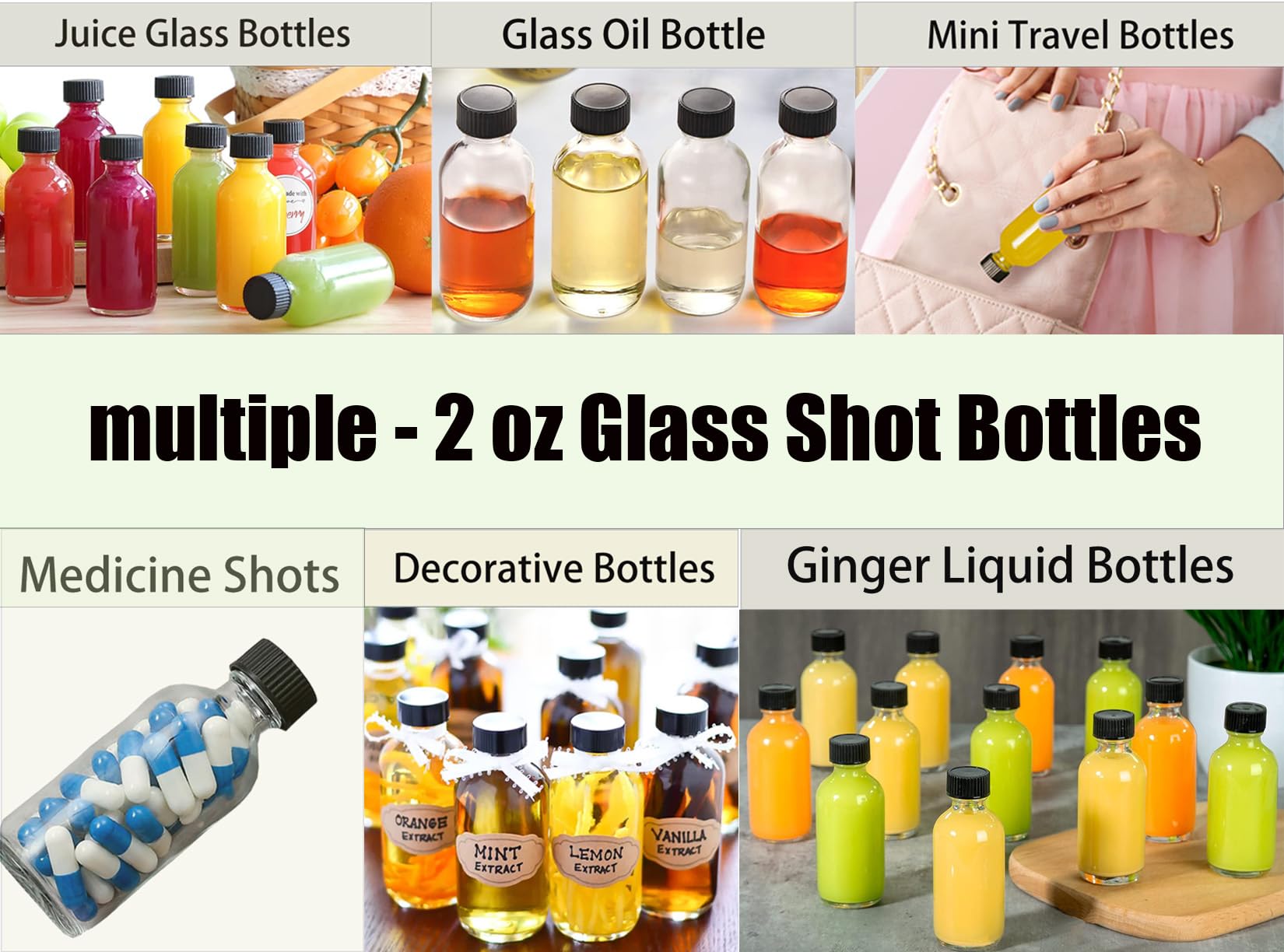 12 Pack 2 oz Glass Bottles with Lids & 2 Funnels, Glass Shot Jar, Small Glass Containers with Lids, Spice Jars, Juice Bottles, Mini Travel Bottles, 60ml Sample Bottles for Potion, Ginger Shots, Oils