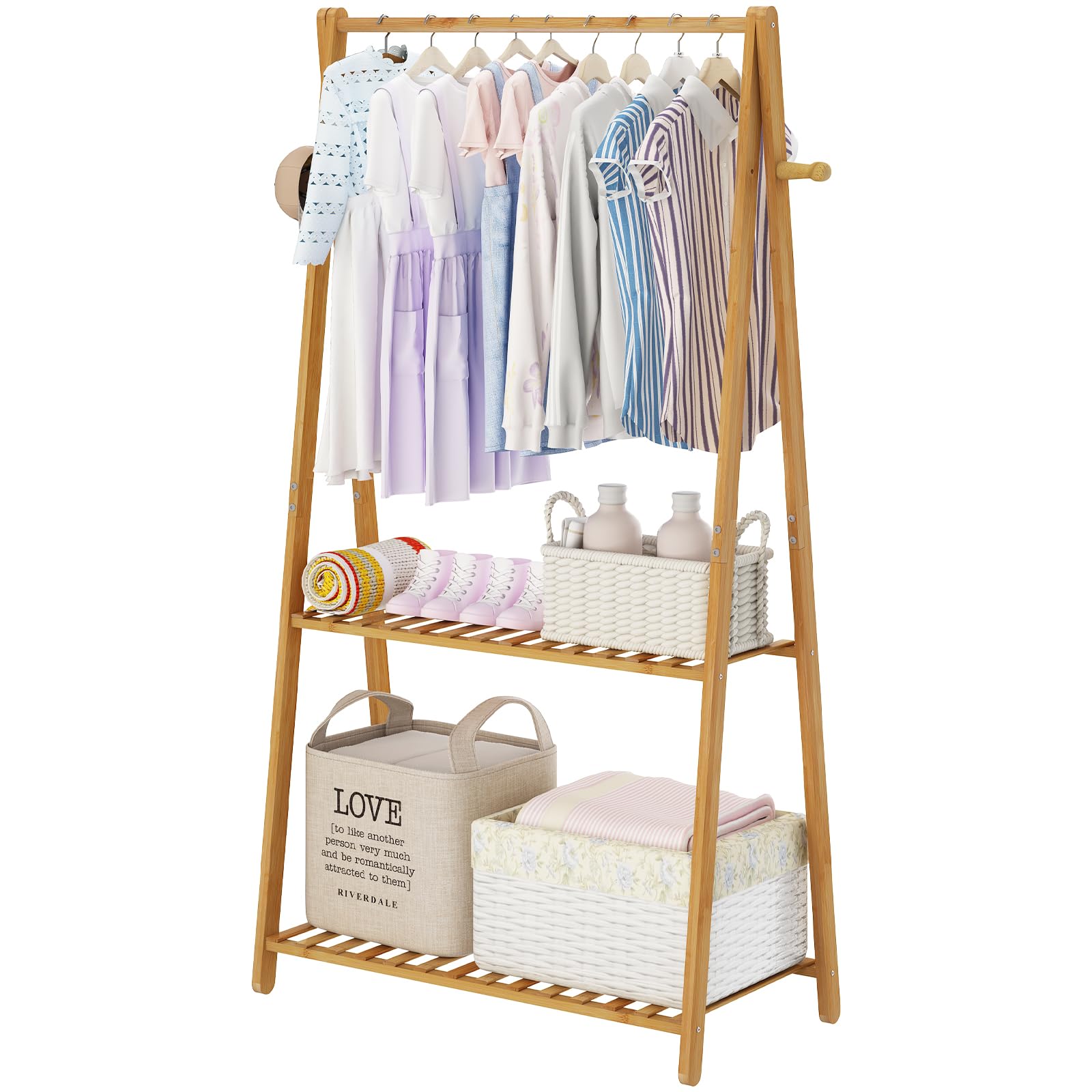 COOGOU Kids Clothing Rack for Hanging Clothes Portable Clothes Rack Wooden Drying Rack Clothing Standing Bamboo Garment Rack with Shelves Laundry Rack for Drying Clothes Indoor