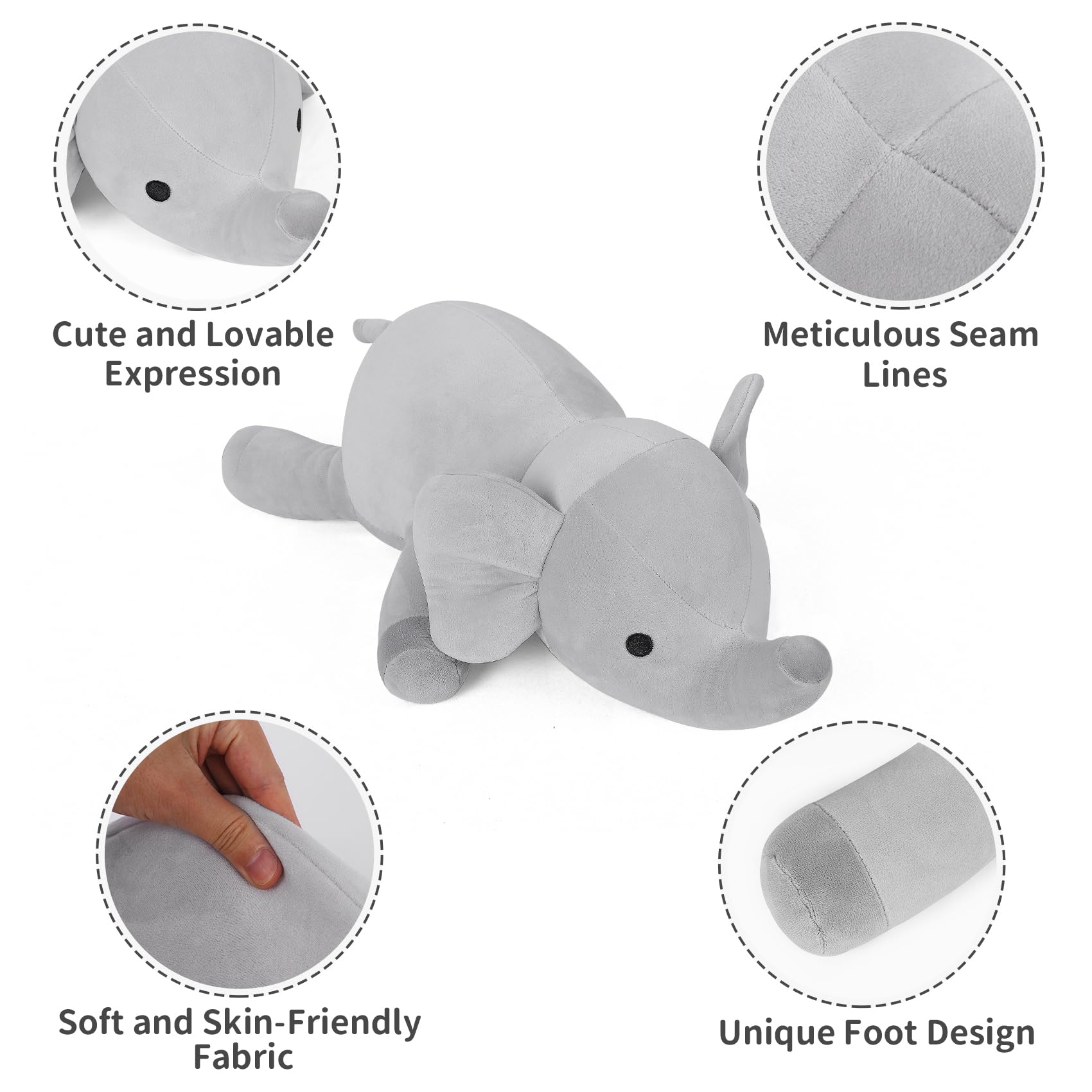 Wepop Weighted Stuffed Animals, 24in Giant Weighted Elephant Plush Toys, 4.2lb Cute Soft Plushie Throw Pillows, Birthday for Kids (Gray)