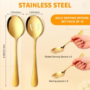 Tioncy 16 Pcs Gold Serving Spoon Set Stainless Steel Cutlery Utensils Includes Large Metal Slotted Spoons for Christmas Buffet Party Banquet Cooking Kitchen, Approx. 8.5 x 2 Inches