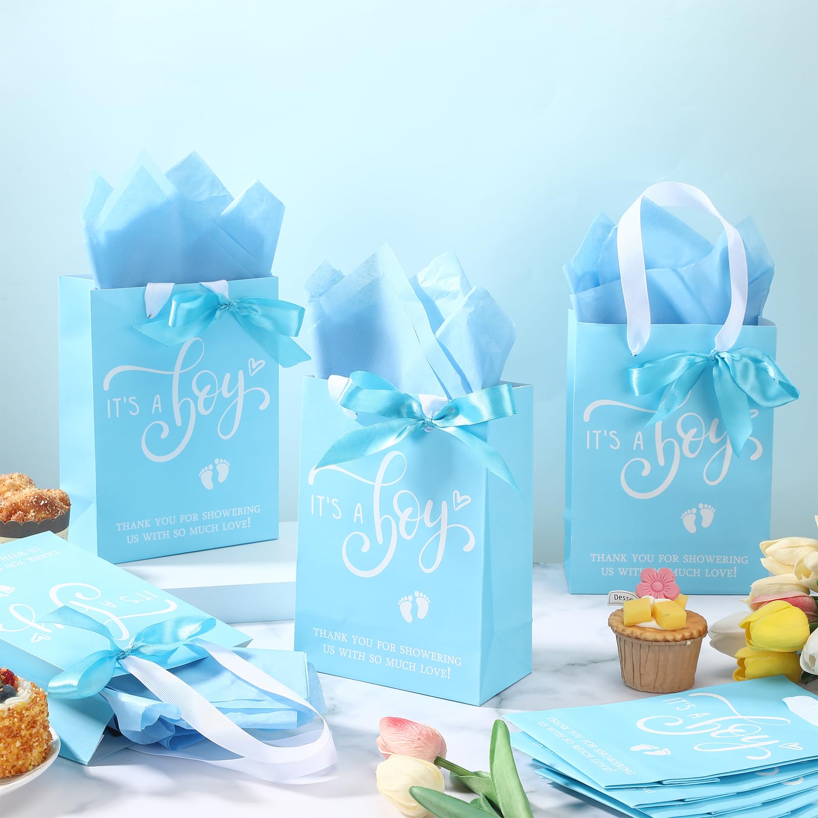 Qilery 50 Sets 8" Baby Boy Gift Bags with Tissue Paper It's a Boy Baby Shower Bag Blue Baby Shower Bags with Handle Paper Gift Bag for Guests Gender Reveal Baby Shower Party Favors