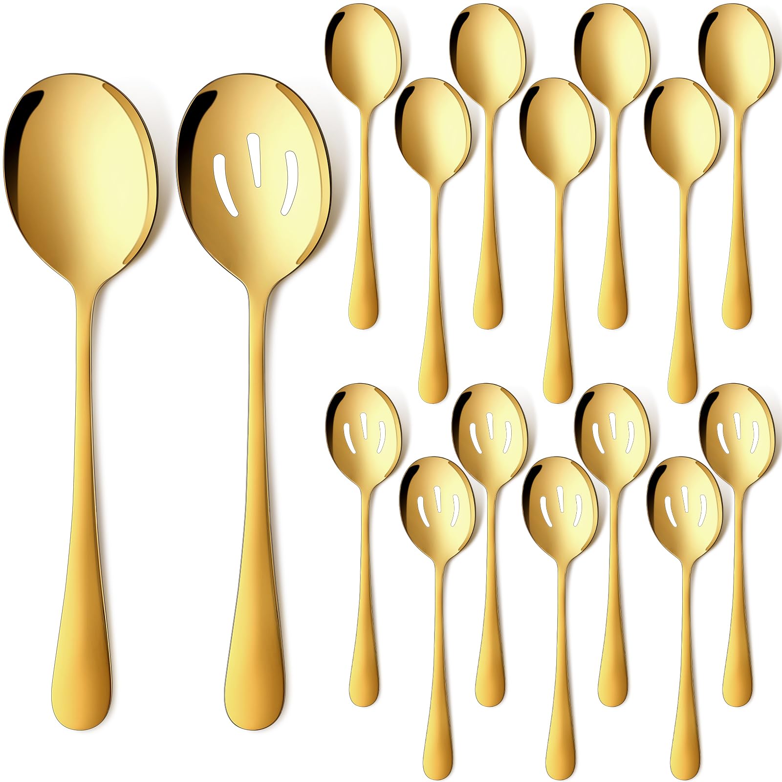 Tioncy 16 Pcs Gold Serving Spoon Set Stainless Steel Cutlery Utensils Includes Large Metal Slotted Spoons for Christmas Buffet Party Banquet Cooking Kitchen, Approx. 8.5 x 2 Inches