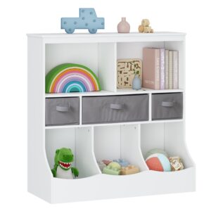 utex toy storage organizer with bookcase, kids bin storage unit with 8 compartments and 3 baskets, toys box, multi shelf cubby for books, toys,white