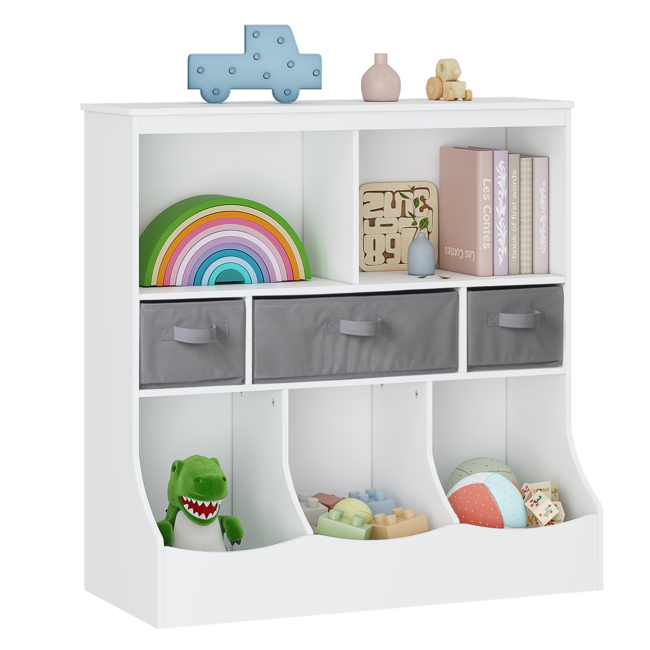 UTEX Toy Storage Organizer with Bookcase, Kids Bin Storage Unit with 8 Compartments and 3 Baskets, Toys Box, Multi Shelf Cubby for Books, Toys,White