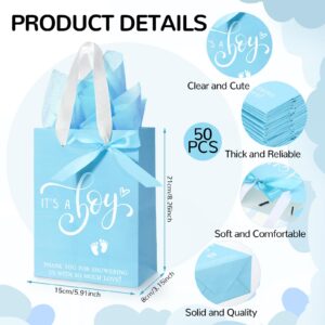 Qilery 50 Sets 8" Baby Boy Gift Bags with Tissue Paper It's a Boy Baby Shower Bag Blue Baby Shower Bags with Handle Paper Gift Bag for Guests Gender Reveal Baby Shower Party Favors