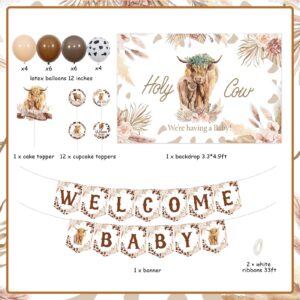 JOYMEMO Brown Highland Cow Baby Shower Decorations for Boy, Holy Cow We are Having a Baby Backdrop Decor with Welcome Baby Print Banner Cake Topper, Farm Highland Cattle Baby Shower Party Supplies