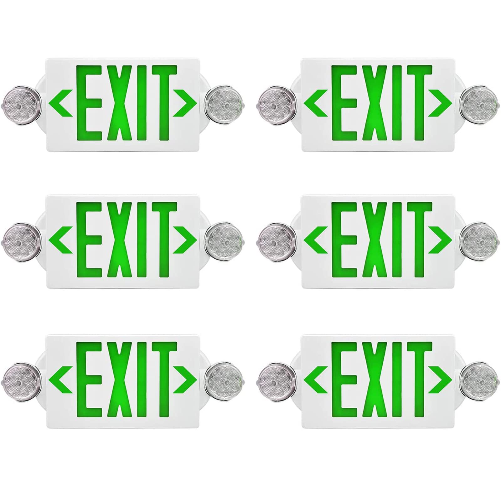 AKT LIGHTING LED Emergency Light & Exit Sign Combo, Green Exit Sign, UL Certified Emergency Exit Light, Adjustable Lamps with Back-up Battery for Business (Green 6 Pack)