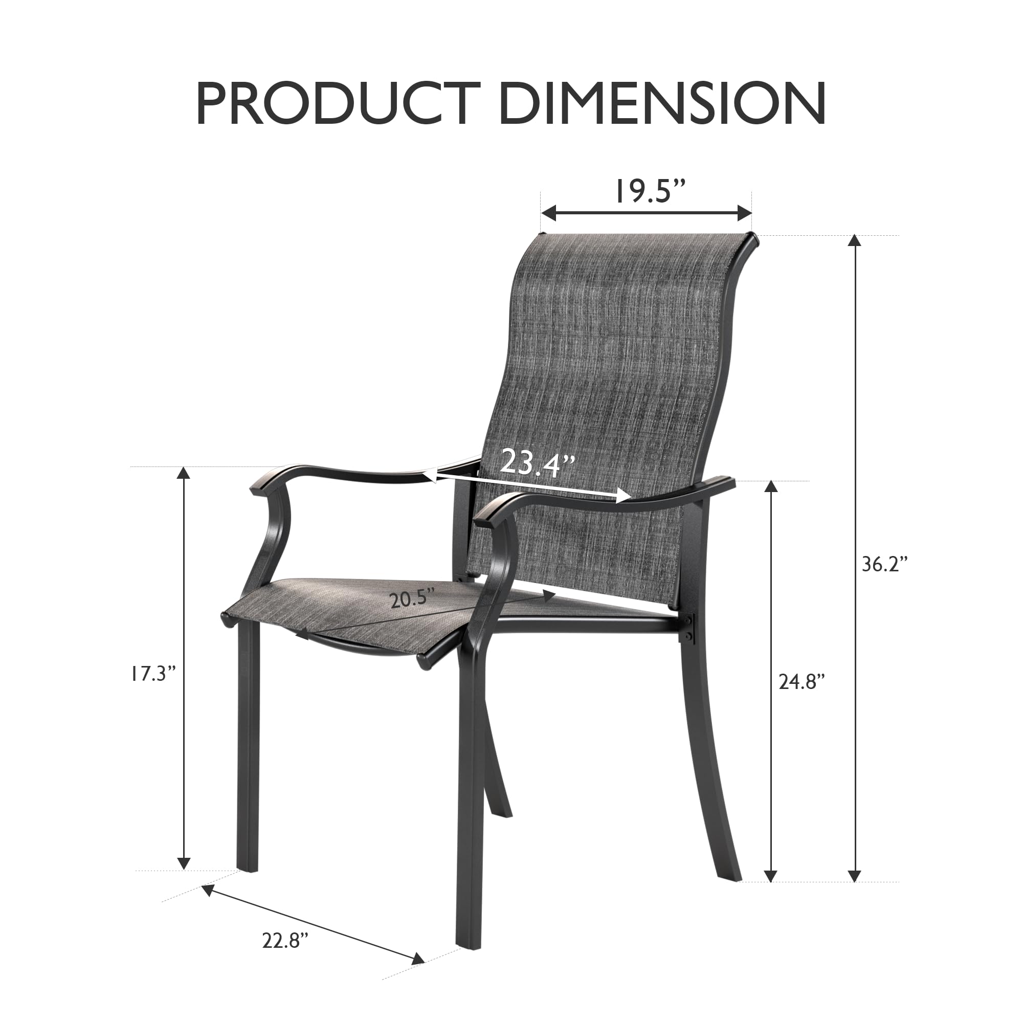 UDPATIO Patio Chairs Set of 2, Outdoor Dining Chairs High Back with All Weather Breathable Textilene, Metal Frame for Lawn Garden Backyard Deck, Dark Grey