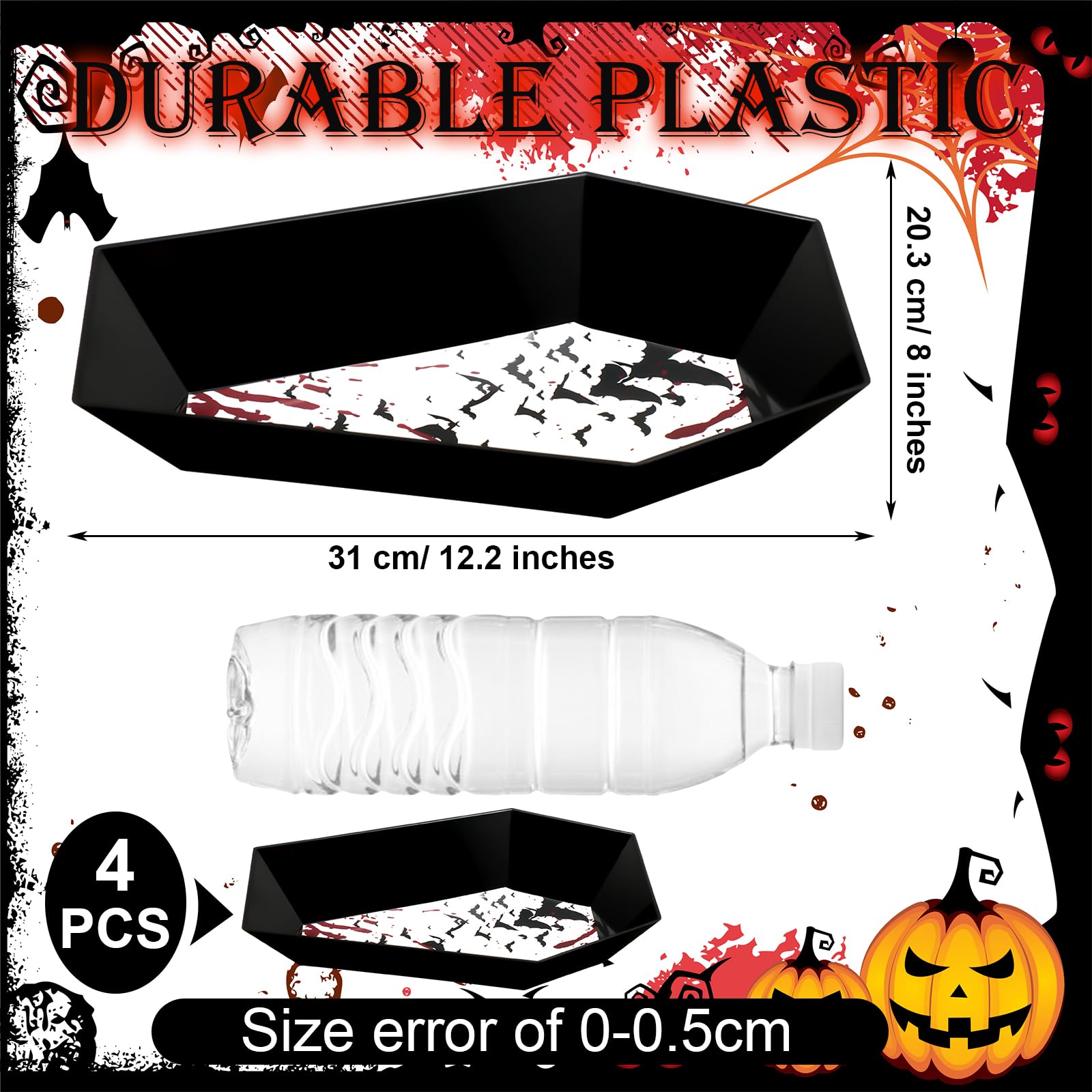 Dandat 4 Pcs Halloween Candy Bowl Plastic Serving Tray with Spooky Bloodstain Halloween Trick or Treat Candy Dishes Melamine Halloween Creepy Bowl for Halloween Party Supply(Coffin Shape)