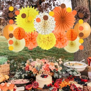 Fall Party Decorations Orange Yellow Brown Paper Fans Paper Pom Poms Paper Lanterns Circle Dot Garland for Orange Yellow Autumn Fall Birthday Bridal Shower Baby Shower Party Decor