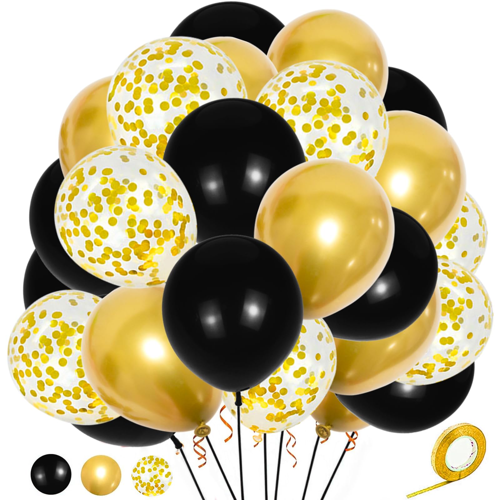 Black and Gold Balloons Kit, 12 Inches Metallic Gold Balloons Confetti Balloon and Black Balloons with Ribbon for Birthday Graduation New Year Decorations.50Pcs