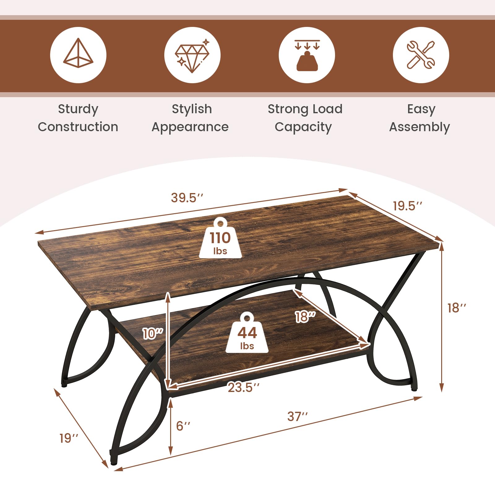 Giantex 2-Tier Rectangular Coffee Table, Wood Grain Table with Open Storage Shelf, Black Finished Metal Frame, Industrial Center Table for Living Room, Reception Room (Coffee)