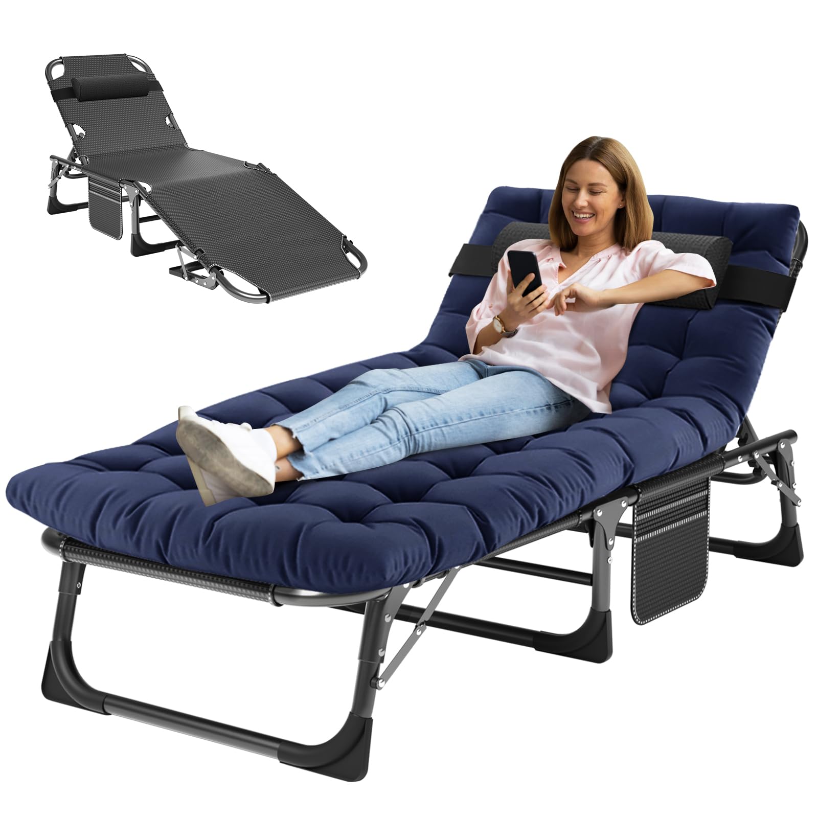 MOPHOTO Folding Chaise Lounge Chair 5-Position, Folding Cot, Heavy Duty Patio Chaise Lounges for Outside, Poolside, Beach, Lawn, Camping (Lounge Cot, Breezy Oceanic)