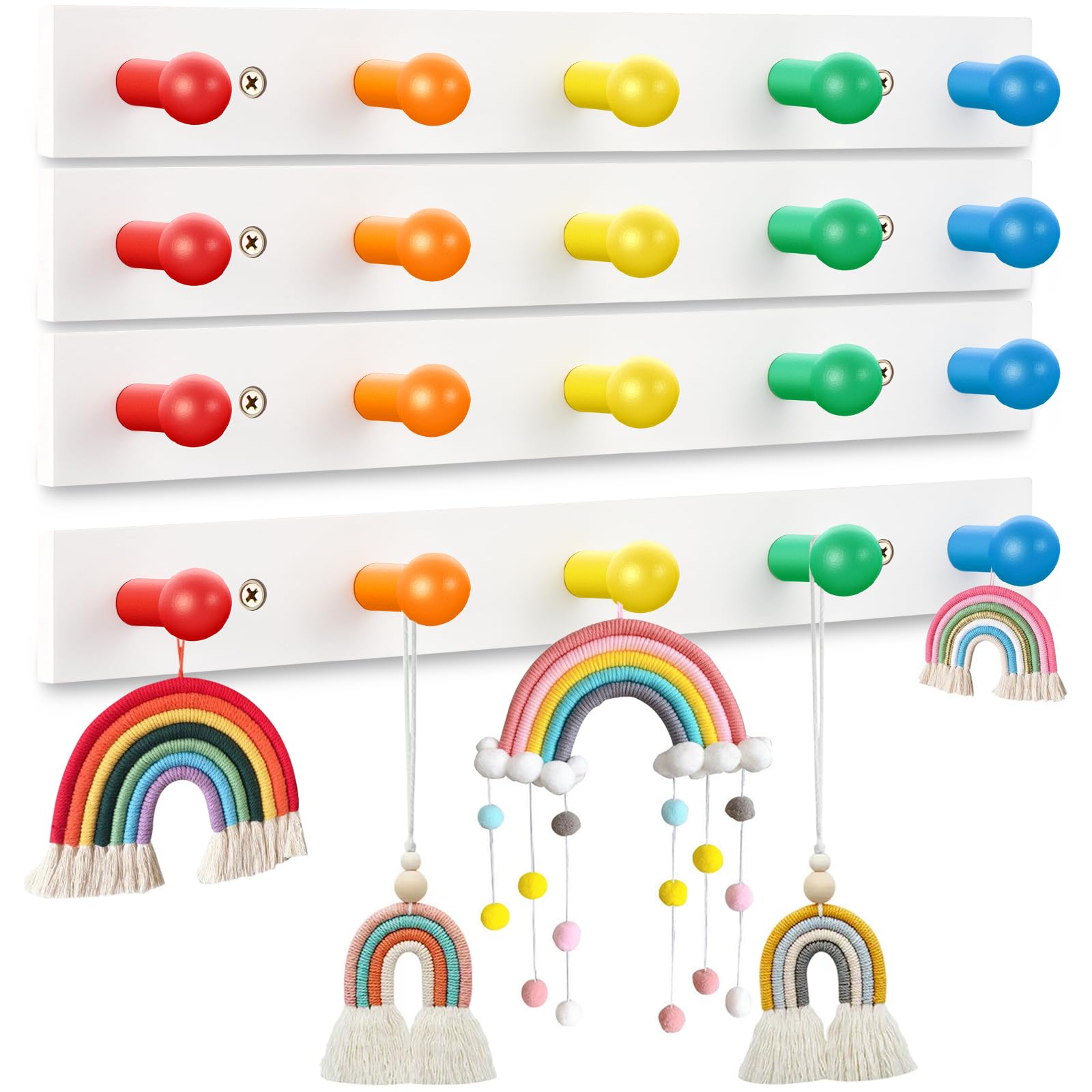 Maitys 4 Pcs Kids Coat Rack Wall Mount Rainbow Kids Wall Hooks Wooden Coat Hooks Cute Coat Rack Wall Mounted for Kid's Towels Backpacks Bedroom Bathroom Playroom Classroom, Multicolor