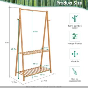 COOGOU Kids Clothing Rack for Hanging Clothes Portable Clothes Rack Wooden Drying Rack Clothing Standing Bamboo Garment Rack with Shelves Laundry Rack for Drying Clothes Indoor