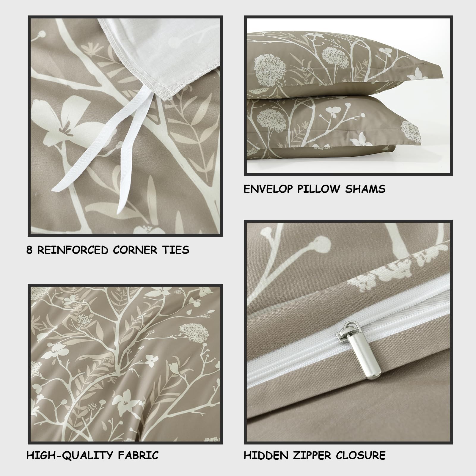 Bedduvit Floral Duvet Cover Queen Size - Tan Leaf Queen Duvet Cover Set, Soft Breathable Flower Patterned All Season Duvet Covers with Zipper Closure & 8 Ties (90"x90")