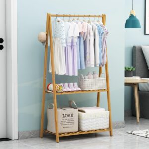 COOGOU Kids Clothing Rack for Hanging Clothes Portable Clothes Rack Wooden Drying Rack Clothing Standing Bamboo Garment Rack with Shelves Laundry Rack for Drying Clothes Indoor