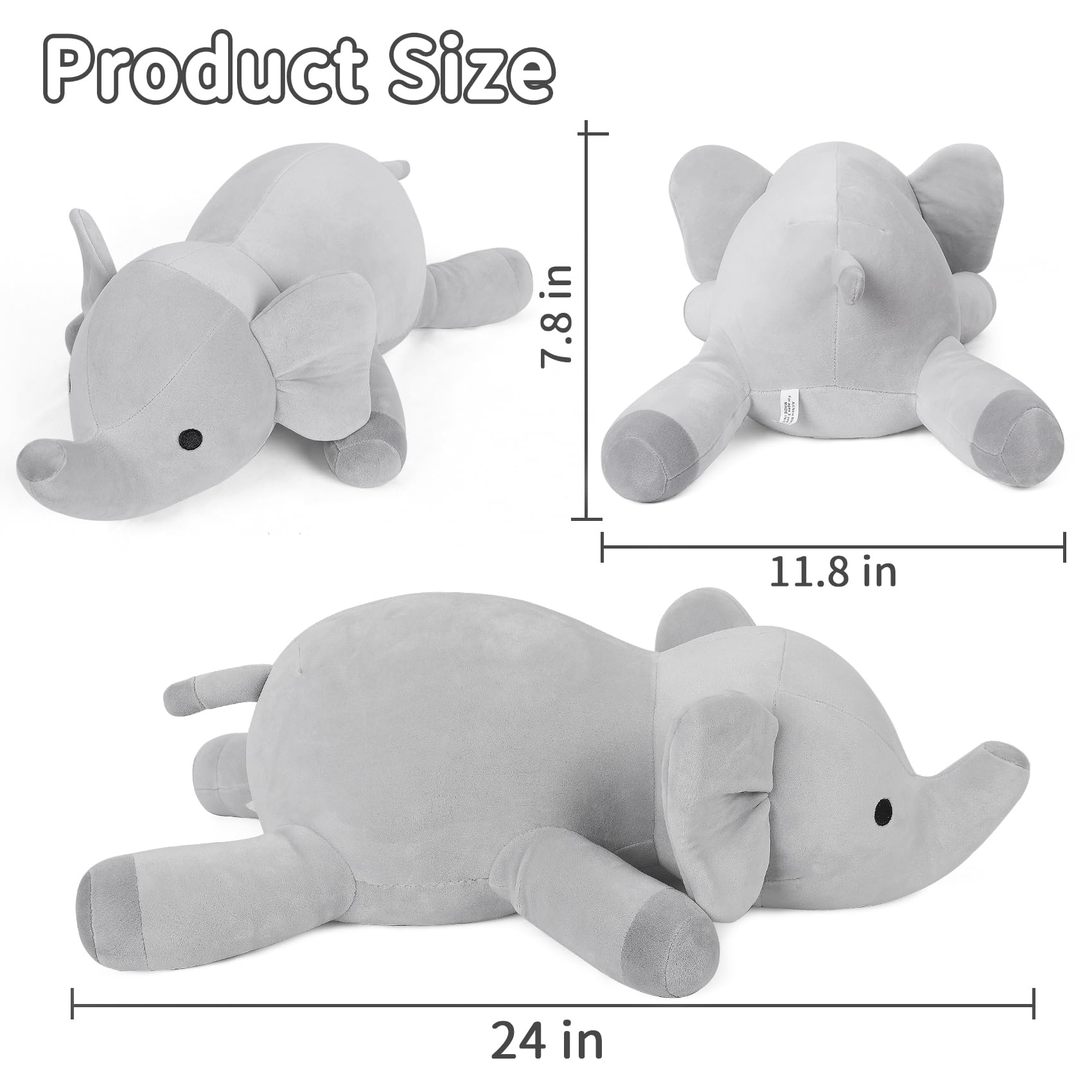 Wepop Weighted Stuffed Animals, 24in Giant Weighted Elephant Plush Toys, 4.2lb Cute Soft Plushie Throw Pillows, Birthday for Kids (Gray)