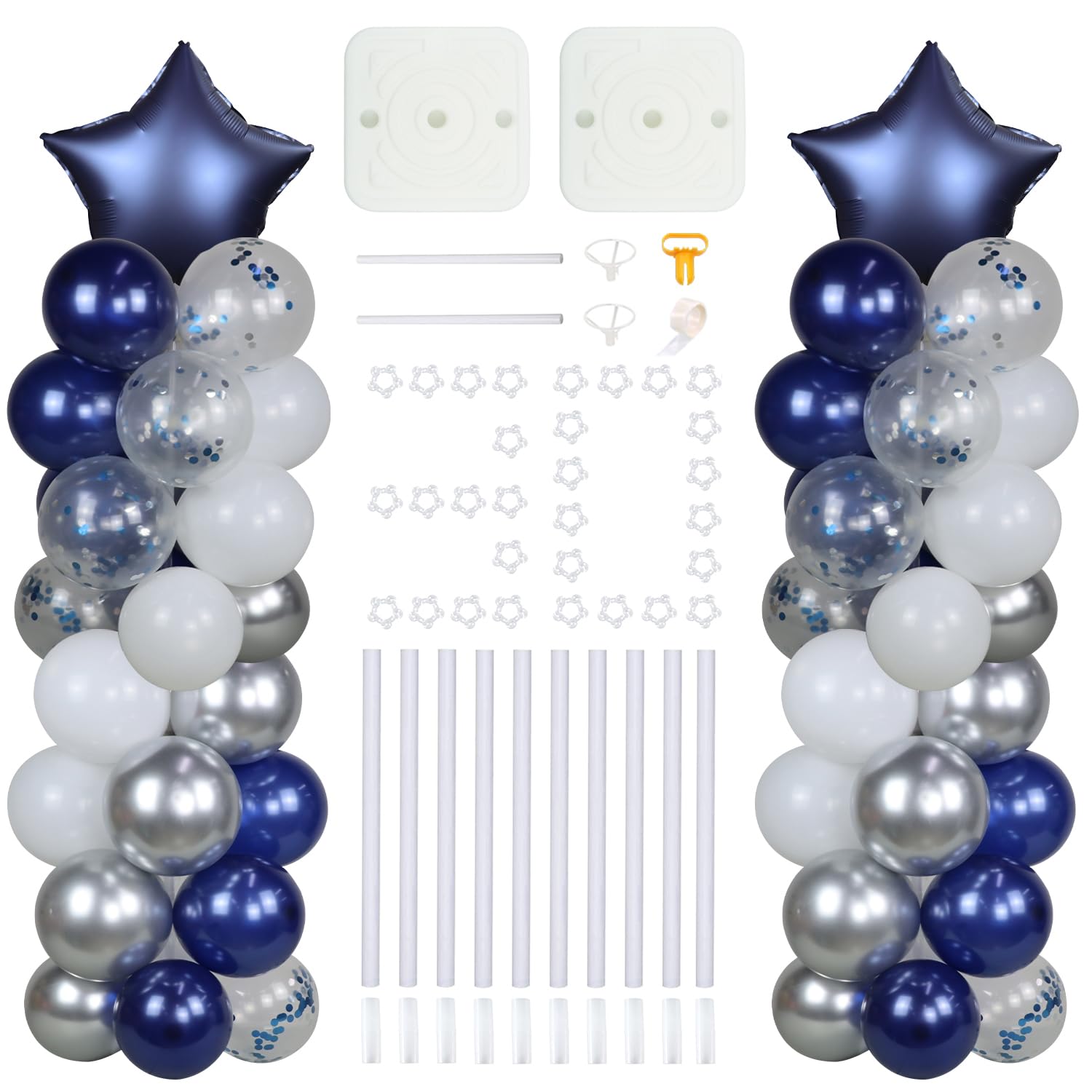 2 Set 5 Feet Balloon Column Kit With Balloons, 80 Pcs Navy Blue Silver Balloons, Navy Blue Start Balloons, for Boy Birthday, Wedding, Baby Shower, Bridal Shower, Graduation Party