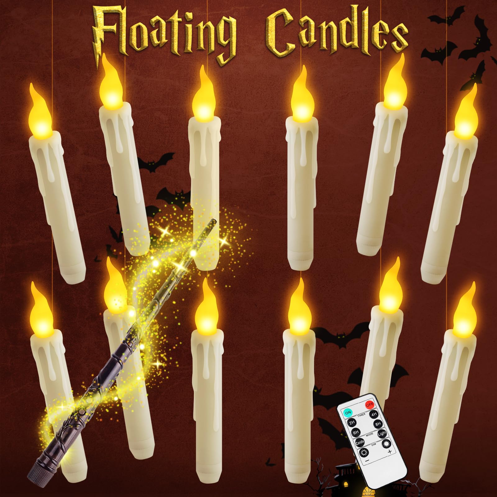 Qmioti Floating Candles with Wand Timer Remote Control - 12 Pack Flickering Warm Light LED Candle, Halloween Decorations for Indoor Outdoor Home Room, Party, Birthday, Wedding (White)