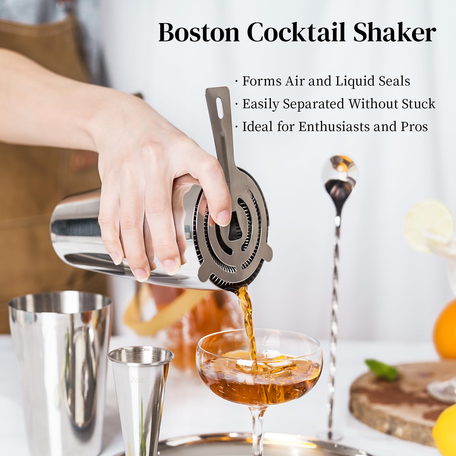 X Home Cocktail Shaker Set, Professional 4-Piece Bartender Kit with Boston Shaker, Hawthorne Strainer, Double Measuring Cocktail Jigger, and 10-inch Mixing Spoon, Bartender's Choice