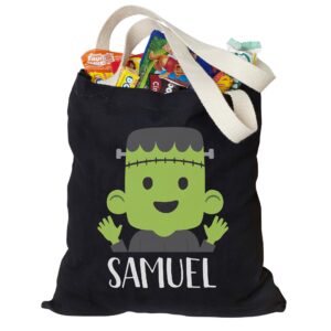 personalization universe trick or treat frankie halloween candy tote bag, 100% cotton, machine washable, personalized trick or treat bag for kids, shopping, and grocery, 13"w x 14"h with 10" l straps