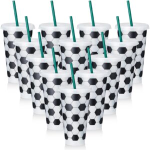 uiifan 12 pcs plastic tumbler with lid and straw theme cups 24oz reusable cups gifts for men women birthday party supplies favors(soccer)