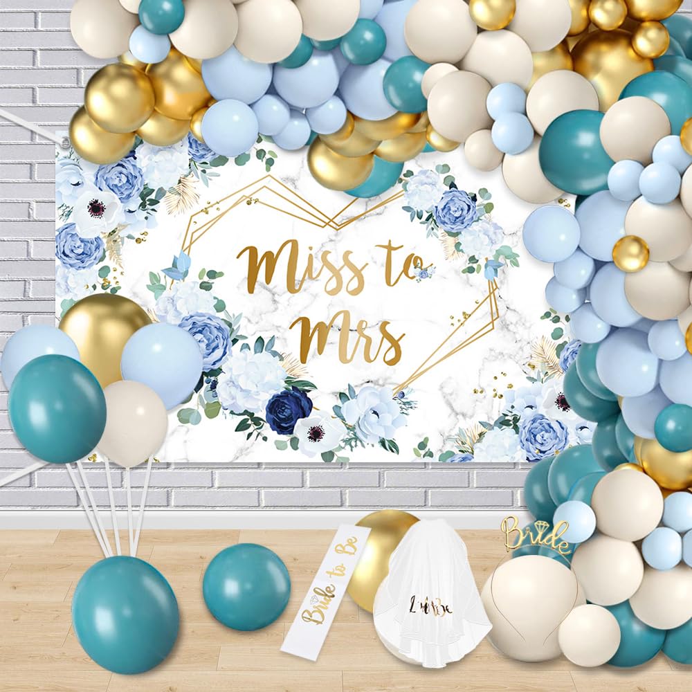 MEHOFOND 173pcs Blue Bridal Shower Decorations, Miss to Mrs Banner Backdrop with Balloons, Blue and White Sand Wedding Balloon Arch Kit, Bride to Be Engagement Balloons Garland Kit Party Decor