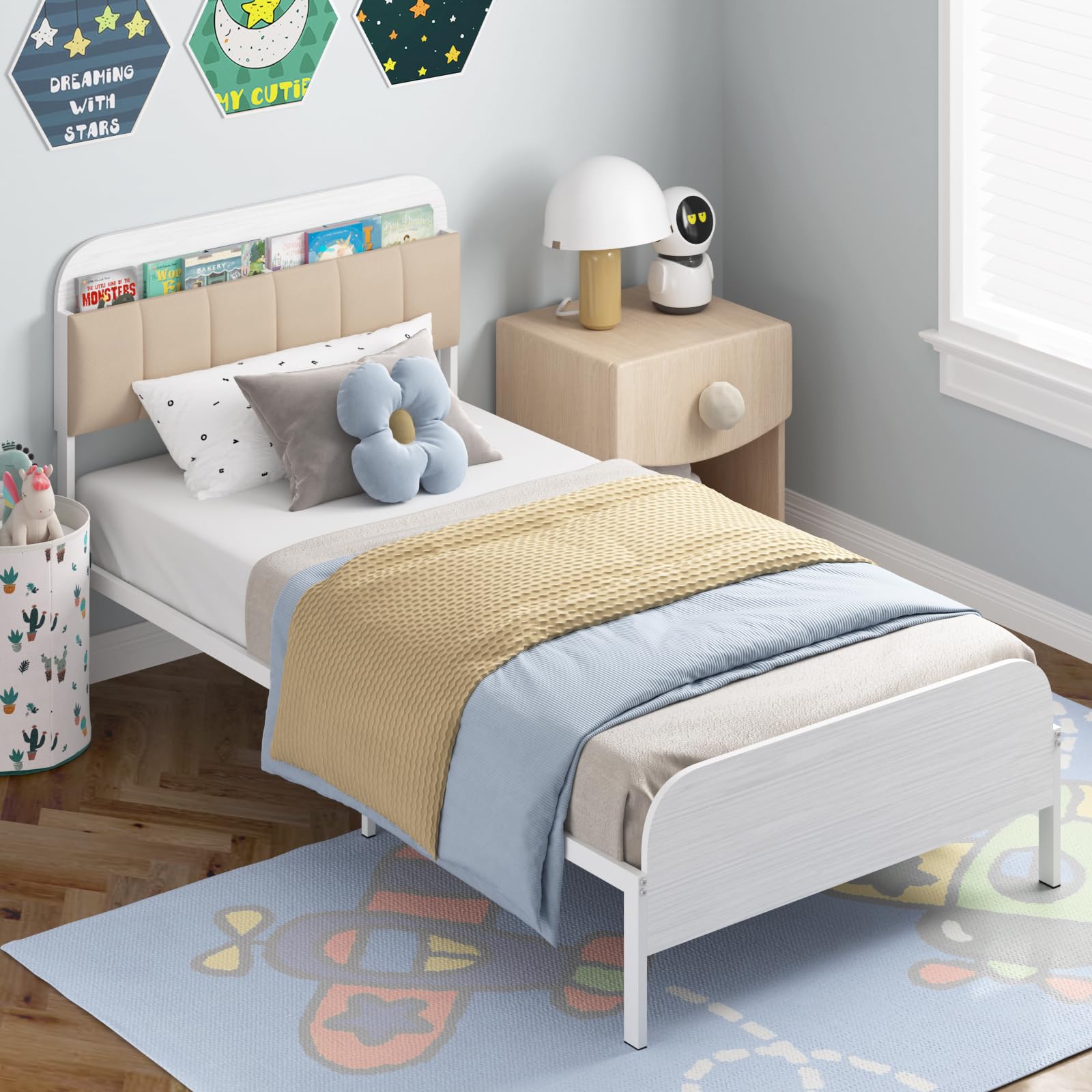 Timy Kids Twin Bed Frame with Bookcase Headboard, Metal Platform Bed Frame with Upholstered Headboard for Boys Girls Teens Adults, No Box Spring Needed, White