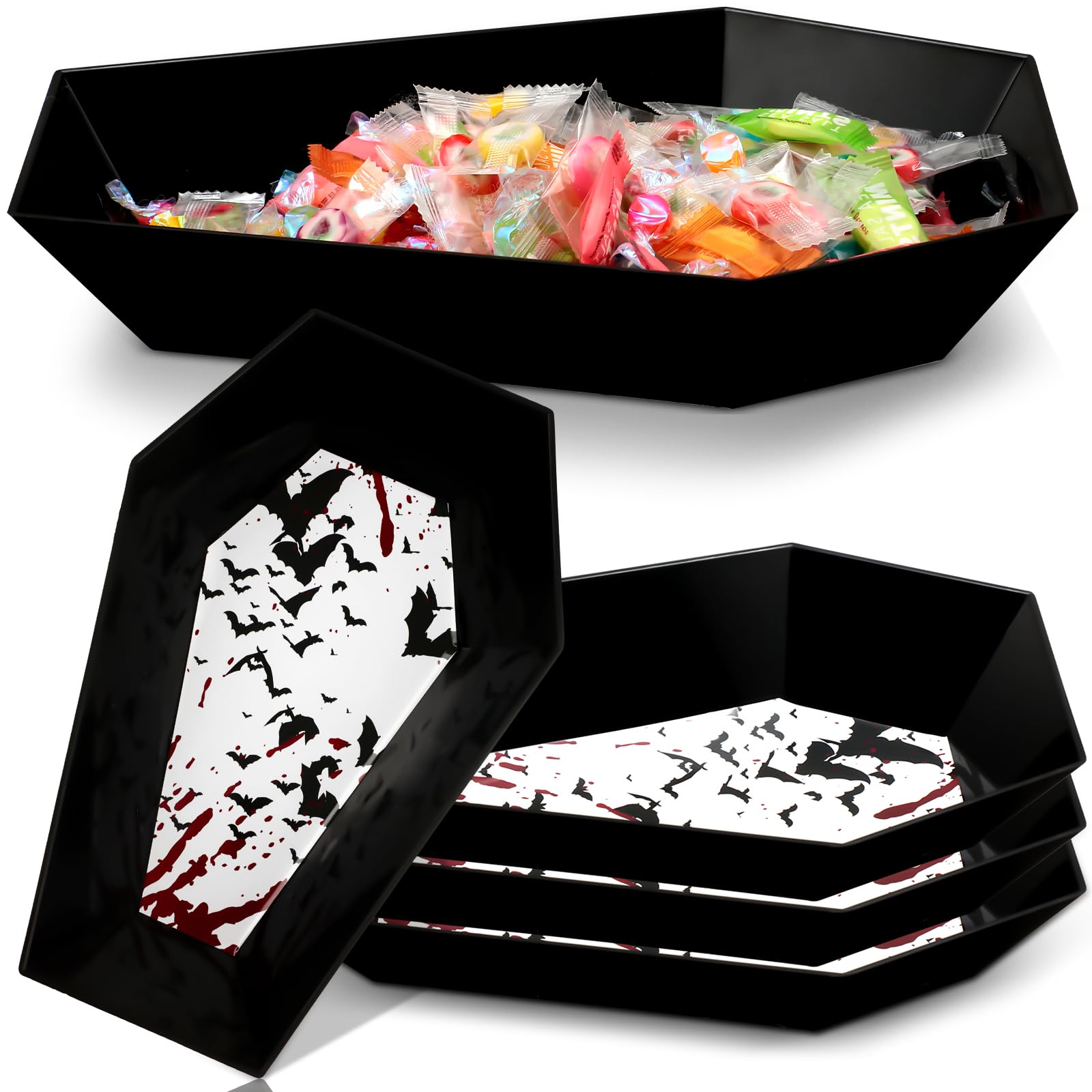 Dandat 4 Pcs Halloween Candy Bowl Plastic Serving Tray with Spooky Bloodstain Halloween Trick or Treat Candy Dishes Melamine Halloween Creepy Bowl for Halloween Party Supply(Coffin Shape)